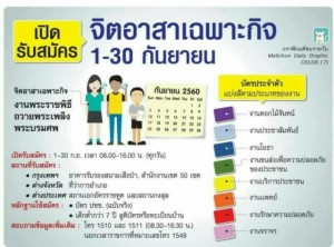 เชิญชวนสมัครเป็นจิตอาสาเฉพาะกิจงานพระราชพิธีถวายพระเพลิงพระบรมศพพระบาทสมเด็จพระปรมินทรมหาภูมิพลอดุลยเดช สมเด็จพระเจ้าอยู่หัวมหาวชิราลงกรณบดินทรเทพยวรางกูร พระราชทานพระราชานุญาตให้จัดตั้ง “จิตอาสาเฉพาะกิจ งานพระราชพิธีถวายพระเพลิงพระบรมศพพระบาทสมเด็จพระปรมินทร- มหาภูมิพลอดุลยเดช”ขึ้น เพื่อเป็นการรวมพลังความรักอันมีค่า รวมพลังน้ำใจของปวงชนชาวไทย ทุกหมู่เหล่าที่จะน้อมถวายแด่พระบาทสมเด็จพระปรมินทรมหาภูมิพลอดุลยเดชก่อนเสด็จสู่สวรรคาลัย โดยมีรายละเอียดการเปิดรับสมัคร ดังนี้ รับสมัครระหว่างวันที่1-30 กันยายน 2560 เวลา 08.00-16.00 น. ไม่เว้นวันหยุดราชการ ซึ่งใน พื้นที่กรุงเทพมหานคร ผู้ที่ประสงค์จะปฏิบัติหน้าที่ ณ พระลานพระราชวังดุสิต หรือพื้นที่ใกล้เคียง สมัครได้ที่สนามเสือป่า ในส่วนของผู้ที่ประสงค์จะปฏิบัติหน้าที่ ณ สถานที่จัดงานในพื้นที่เขตใด สามารถสมัครได้ที่พื้นที่เขตนั้นๆ ทั้ง 50 เขต ส่วนต่างจังหวัดสมัครได้ที่ที่ว่าการอำเภอทั่วประเทศ 878 แห่ง และในส่วนของต่างประเทศ สมัครได้ที่สถานเอกอัครราชทูตและสถานกงสุล ประชาชนทุกคนสามารถมาสมัครได้โดยใช้บัตรประจำตัวประชาชน (ฉบับจริง) กรณีเด็กอายุต่ำกว่า 7 ปีที่ไม่มีบัตรประชาชนให้นำเอกสารเช่น สูติบัตร หรือทะเบียนบ้านมาด้วย ในการนี้ อำเภอหัวหิน จึงเชิญชวนประชาชนในพื้นที่ ร่วมสมัครเป็นจิตอาสาเฉพาะกิจฯ ในงานพิธีถวายดอกไม้จันทน์เนื่องในพระราชพิธีถวายพระเพลิงพระบรมศพฯ ณ วัดห้วยมงคล โดยลงทะเบียนสมัครได้ที่สำนักงานทะเบียนอำเภอหัวหินตั้งแต่บัดนี้เป็นต้นไปจนถึงวันที่ 30 กันยายน 2560 ทุกวันไม่เว้นวันหยุดราชการระหว่างเวลา 08.30–16.00 น.พร้อมนำบัตรประจำตัวประชาชน (ตัวจริง) มาแสดงตนณ ที่ว่าการอำเภอหัวหิน ถนนเพชรเกษมแนวใหม่ ต.ทับใต้ อ.หัวหิน จ.ประจวบคีรีขันธ์ ทั้งนี้ ผู้สมัครเป็นจิตอาสาสามารถเลือกประเภทของงานได้ตามความสามารถและความสมัครใจ ในงาน 8 ประเภท ได้แก่ งานดอกไม้จันทน์ งานประชาสัมพันธ์ งานโยธา งานขนส่งเพื่อความปลอดภัยของประชาชน งานบริการประชาชน งานแพทย์งานรักษาความปลอดภัย และงานจราจร โดยผู้สมัครทุกคนจะได้รับบัตรประจำตัวจิตอาสาเฉพาะกิจ“งานพระราชพิธีถวายพระเพลิงพระบรมศพ”ซึ่งแบ่งสีตามประเภทของงานและจะได้รับพระราชทานหมวกแก๊ป ผ้าพันคอ เสื้อโปโลสีดำ ปลอกแขน สำหรับเด็กจะได้รับกระปุกออมสินพระราชทาน กำหนดพิธีรับพระราชทาน หน้าพระบรมฉายาลักษณ์สมเด็จพระเจ้าอยู่หัวมหาวชิราลงกรณบดิทรเทพยวรางกูร ณ หอประชุมที่ว่าการอำเภอหัวหิน ในวันที่ 12 ตุลาคม 2560 ตั้งแต่เวลา 09.00 น. (แต่งกายสุภาพ)สอบถามข้อมูลเพิ่มเติมได้ที่ ที่ว่าการอำเภอหัวหิน โทร 0-3265-2926 ถึง 7 ได้ในวันและเวลาราชการ